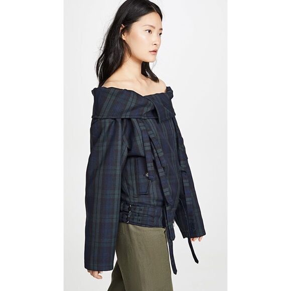 pushBUTTON wool Off Shoulder Jumper Jacket plaid in Navy Size XS - Picture 3 of 13